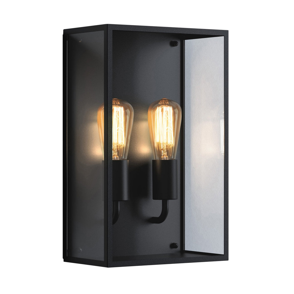 Black rectangular outdoor wall light with two exposed Edison bulbs