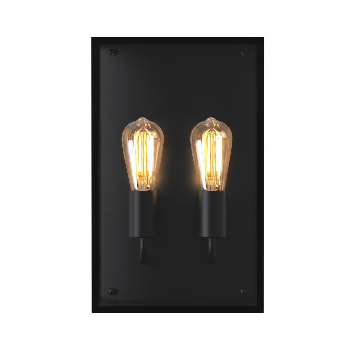Two Edison bulbs in black sconces on a black rectangular wall mount