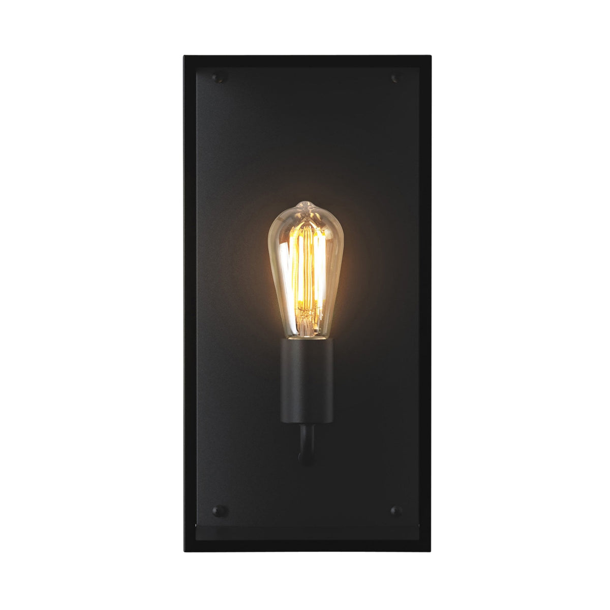 Black rectangular wall sconce with an exposed, lit Edison bulb