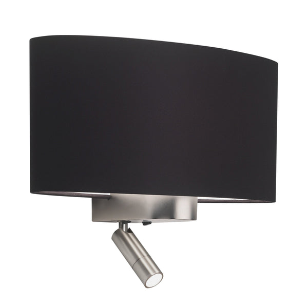 Black fabric wall light with a brushed steel base and adjustable spotlight