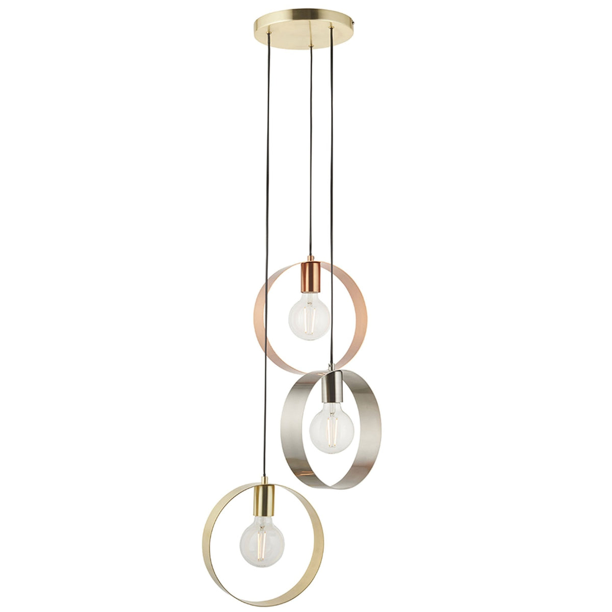 Three pendant lights with circular metal shades in copper, silver, and gold, hanging from a gold ceiling plate.