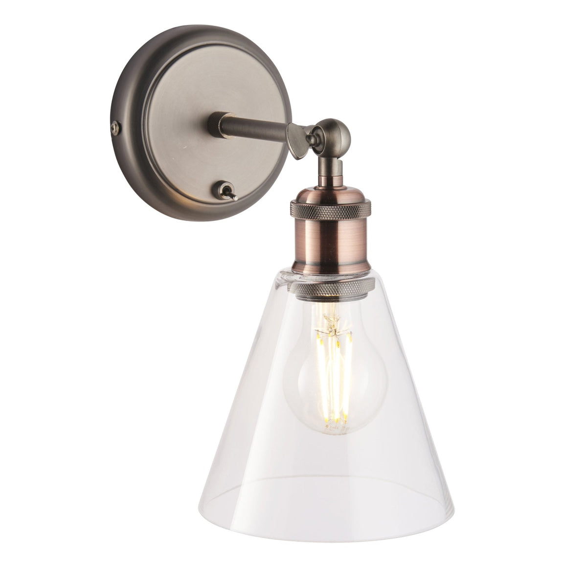 Bronze wall light with a clear, conical glass shade and exposed filament bulb.