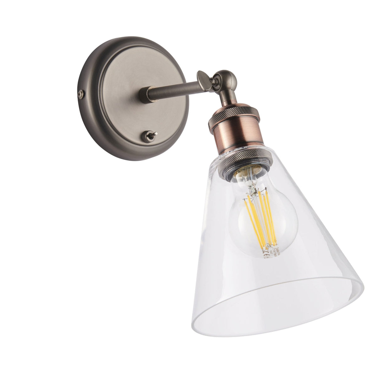 Bronze wall light with a clear, conical glass shade and exposed filament bulb, angled downwards.