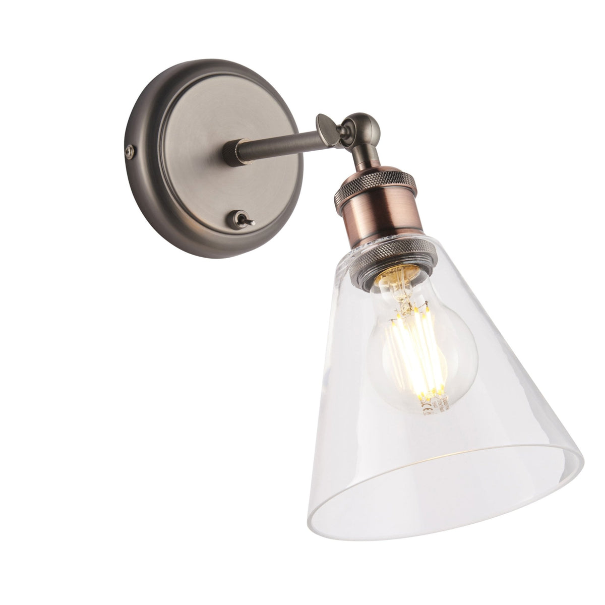 Bronze wall light with a clear, conical glass shade and exposed filament bulb, angled downwards.
