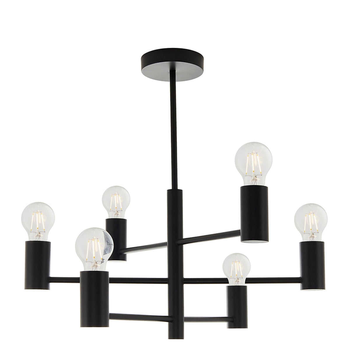 A black chandelier with six exposed bulbs hangs from a ceiling against a white background.