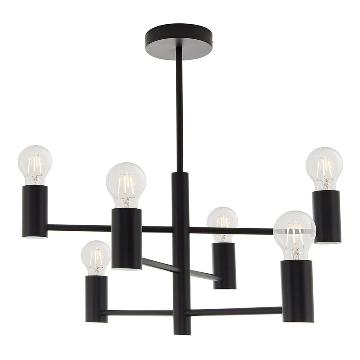 A black chandelier with six exposed bulbs hangs from a ceiling against a white background.