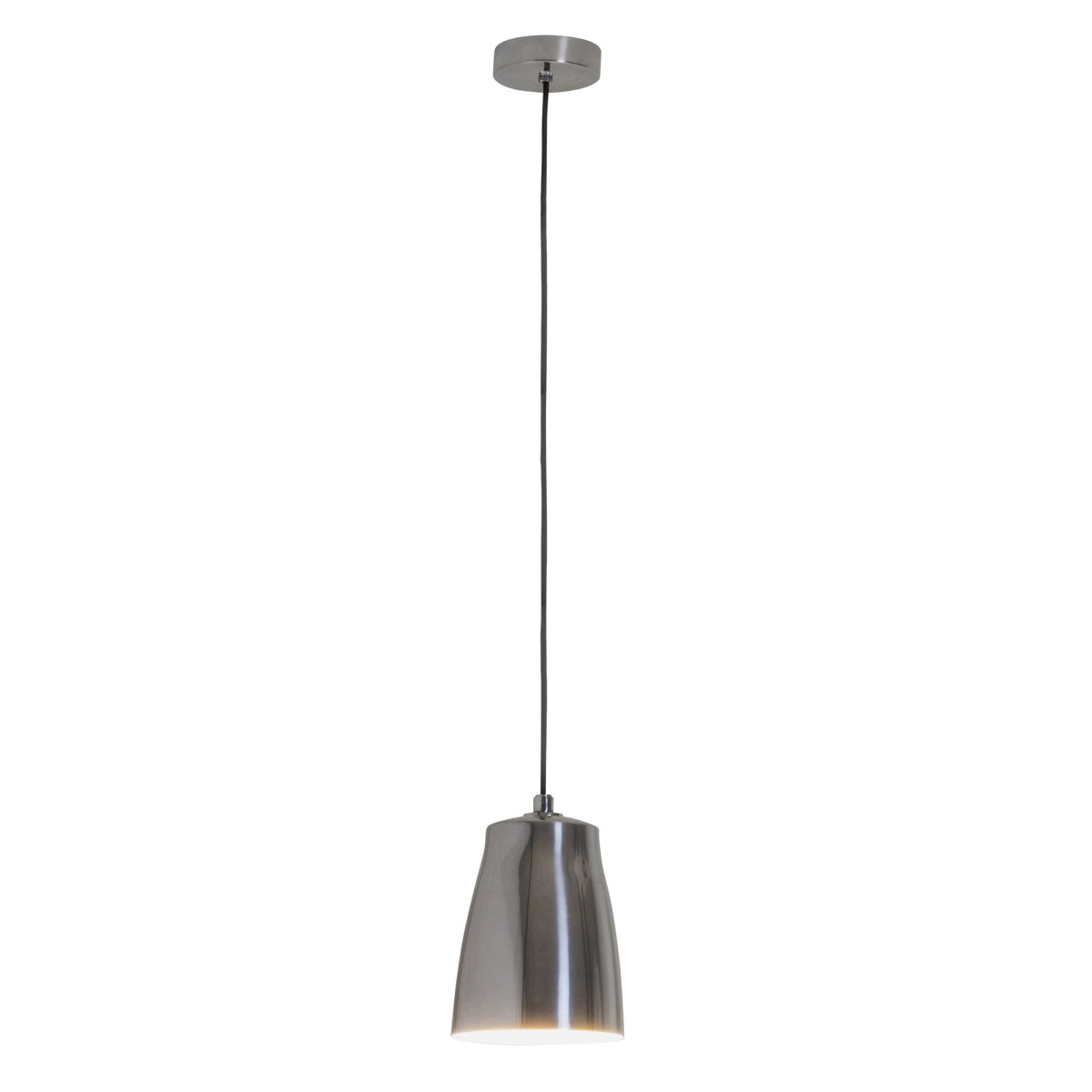 Brushed nickel pendant light with a bell-shaped shade and a black cord