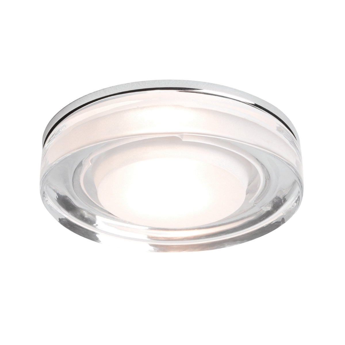 Round ceiling light with a chrome rim and a clear glass diffuser