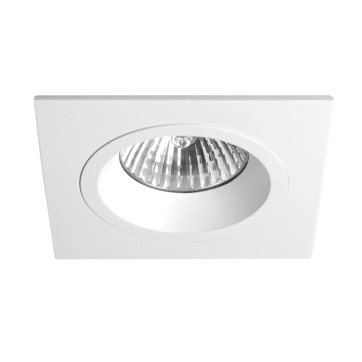 White square recessed light fixture with a round opening and a halogen bulb inside
