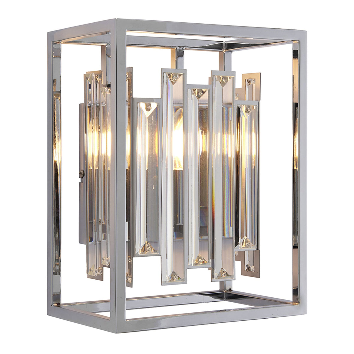 Rectangular chrome light fixture with vertical crystal rods and illuminated bulbs.
