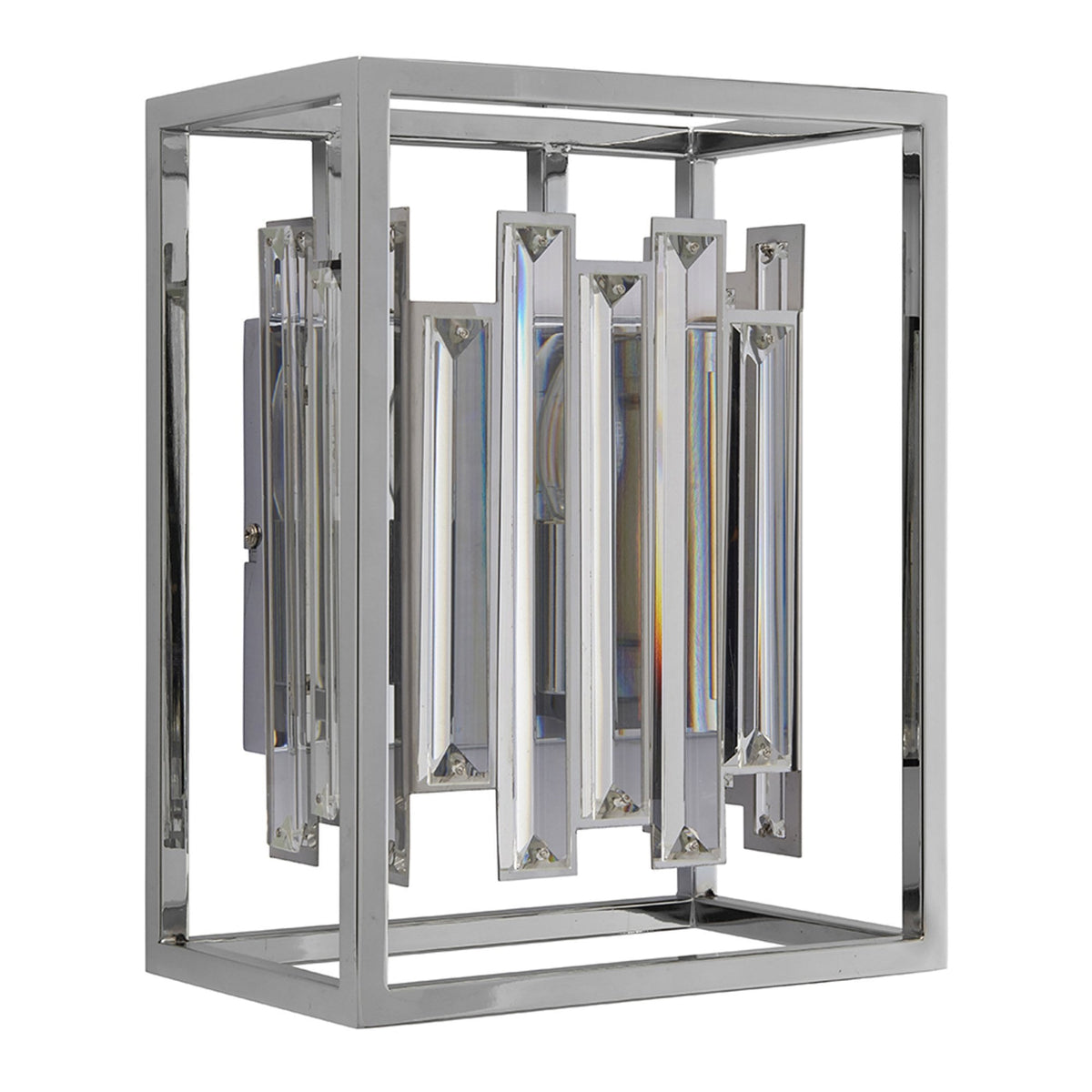 Rectangular chrome light fixture with vertical crystal rods, unlit.