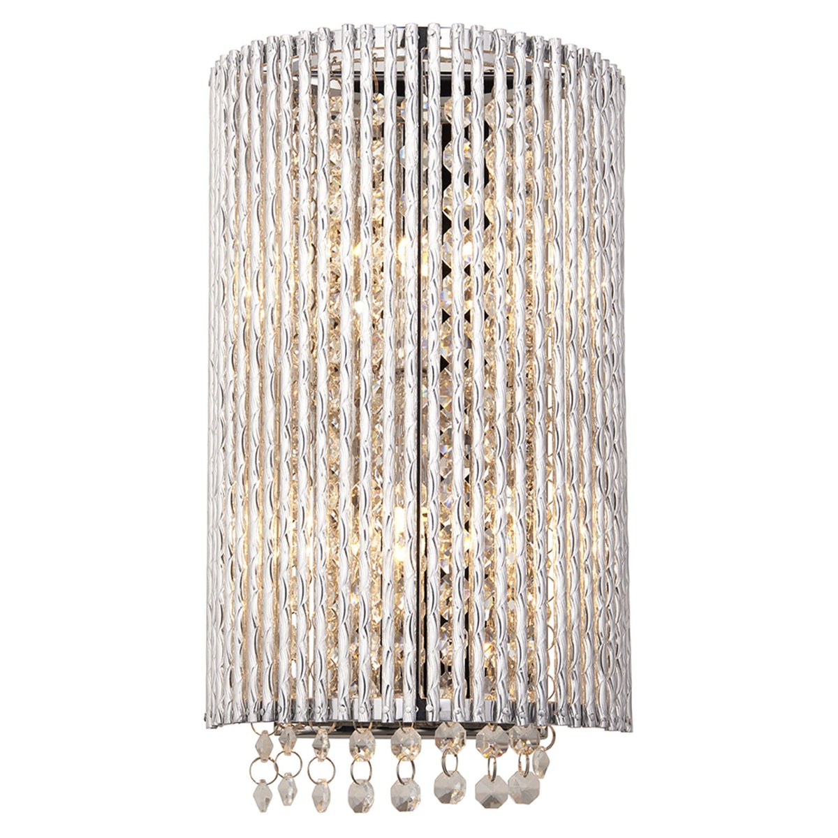 A curved wall light with vertical clear glass rods and crystal drops, unlit on a white background.