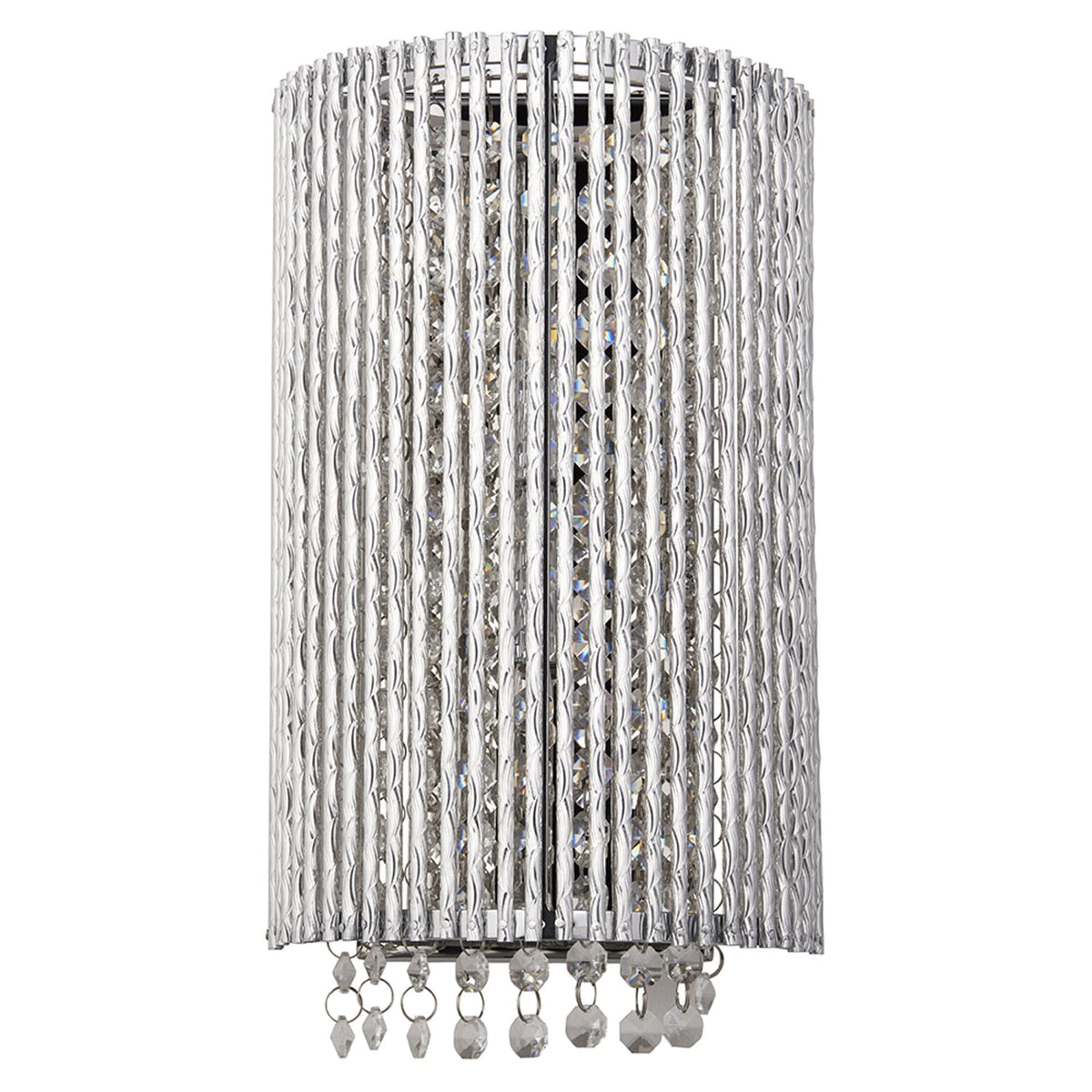 A curved wall light with vertical clear glass rods and crystal drops, unlit on a white background.