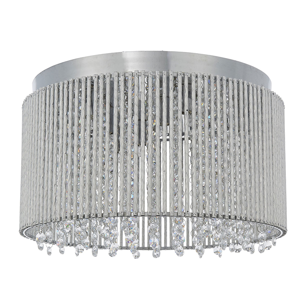A round, silver flush mount ceiling light with a textured band and dangling crystal accents, unlit.