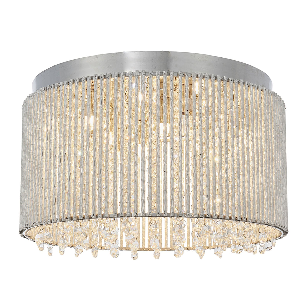 A round, silver flush mount ceiling light with a textured band and dangling crystal accents, illuminated.