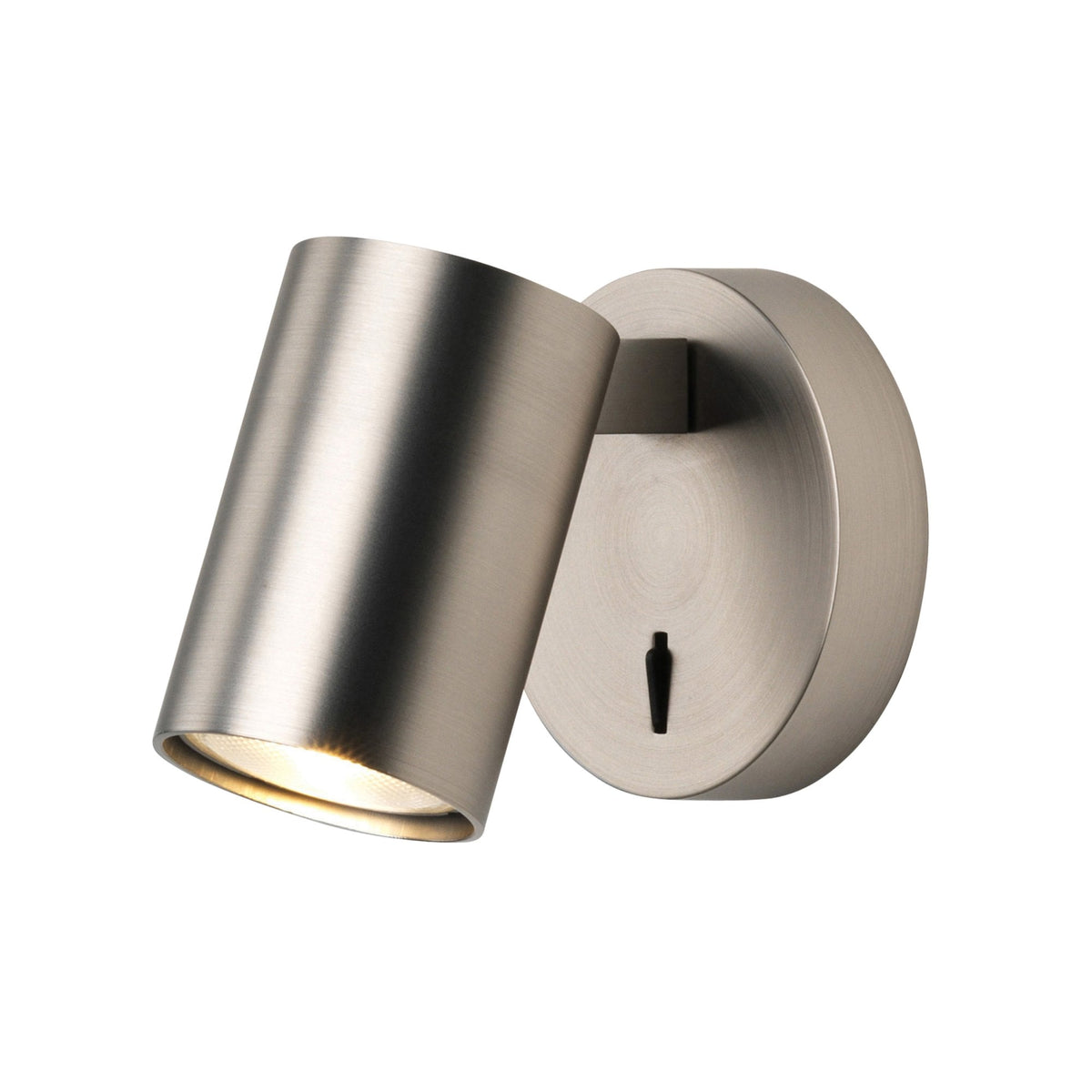 A front view of a switched-on, brushed steel wall light with a cylindrical head.