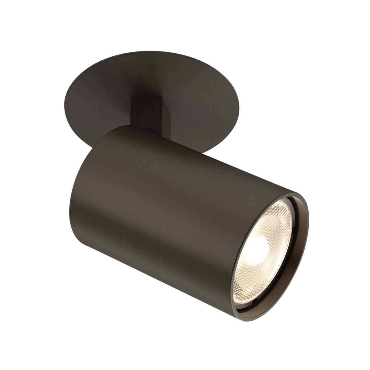 Dark bronze cylindrical ceiling spotlight with a circular base and a textured light bulb