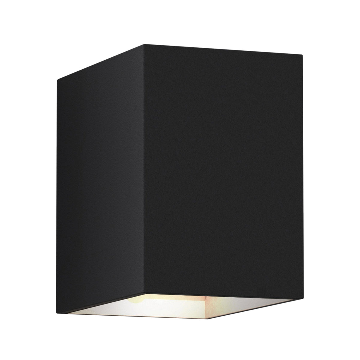 Black rectangular outdoor wall light with light shining from the bottom