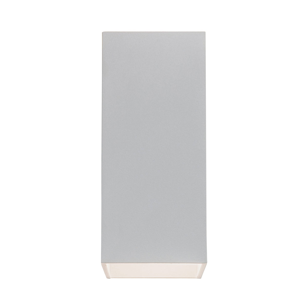 Rectangular wall light with a light grey finish and a warm white glow from the bottom