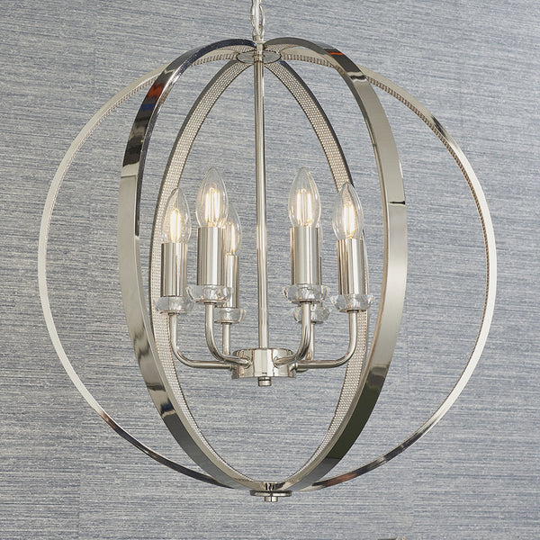 Ritz Six Light Pendant in Nickel with Clear Crystal