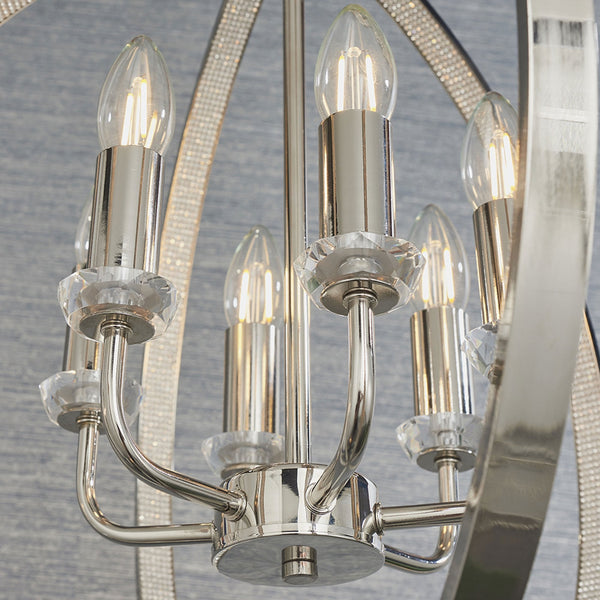 Ritz Six Light Pendant in Nickel with Clear Crystal
