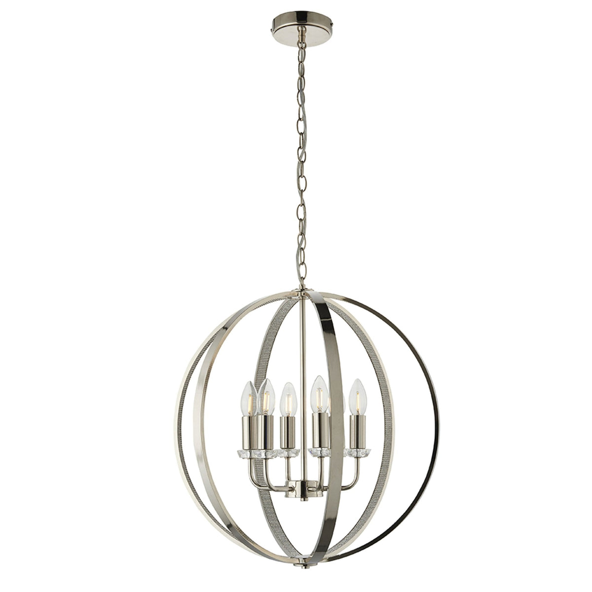Polished nickel chandelier with five candle-style bulbs, hanging from a chain on a white background.