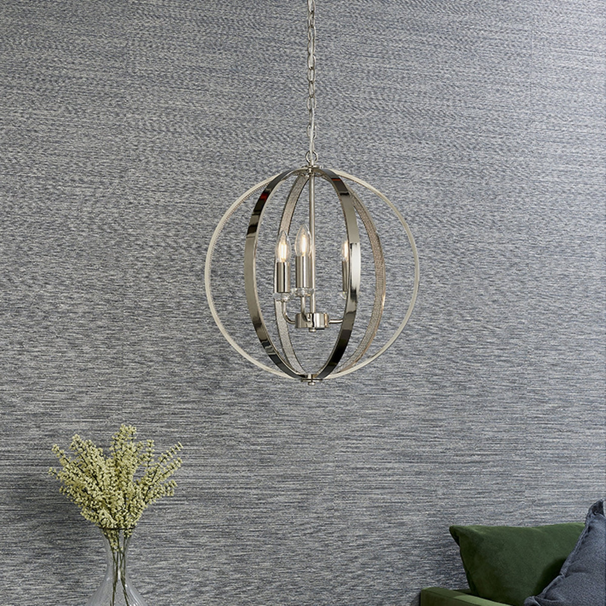 Ritz Three Light Pendant in Nickel with Clear Crystal
