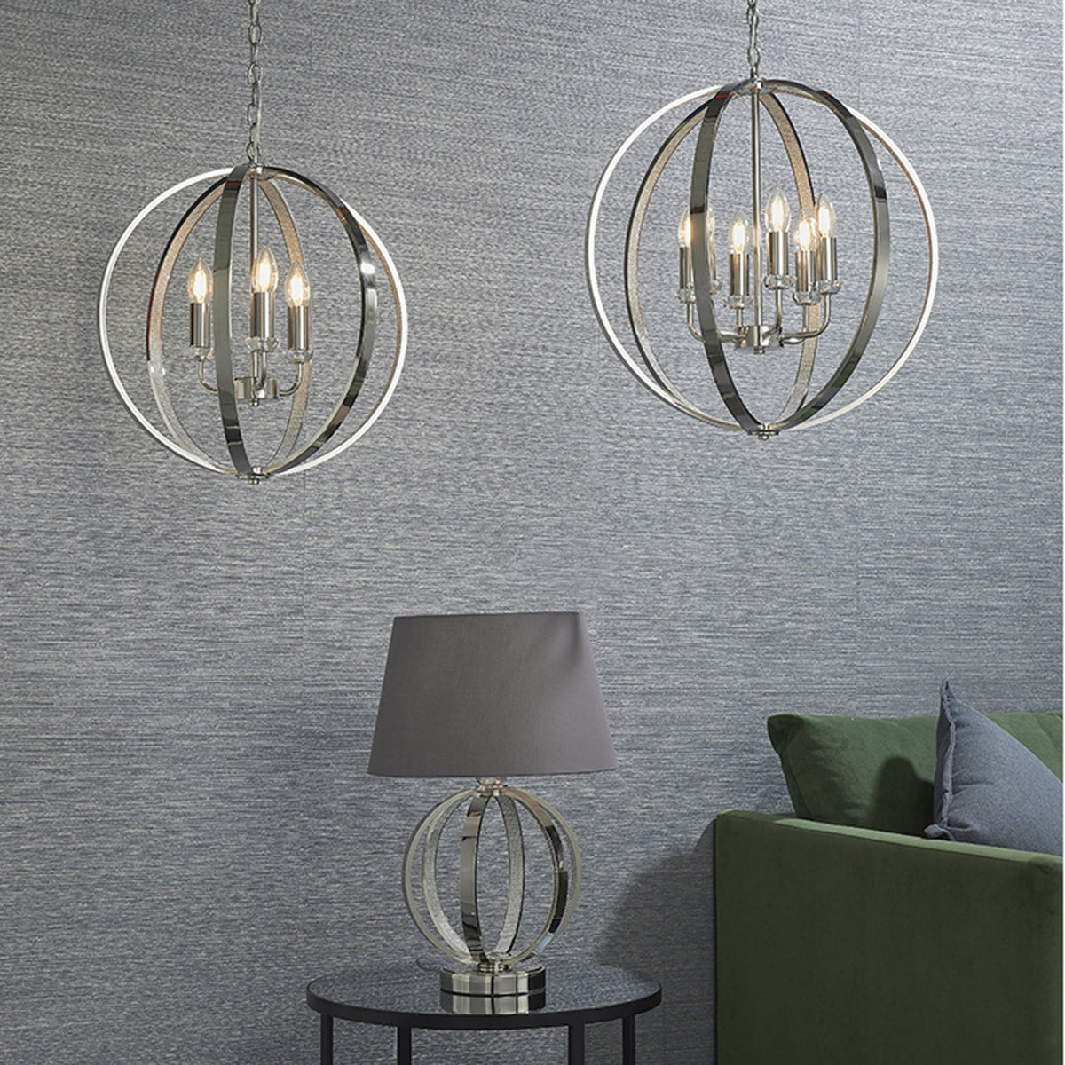 Ritz Three Light Pendant in Nickel with Clear Crystal