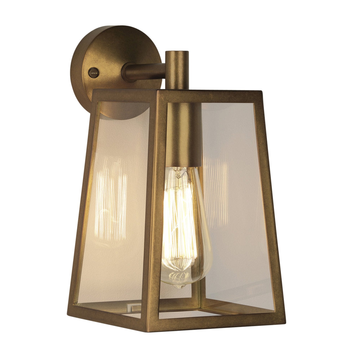 Bronze wall light with a clear glass shade and exposed filament bulb