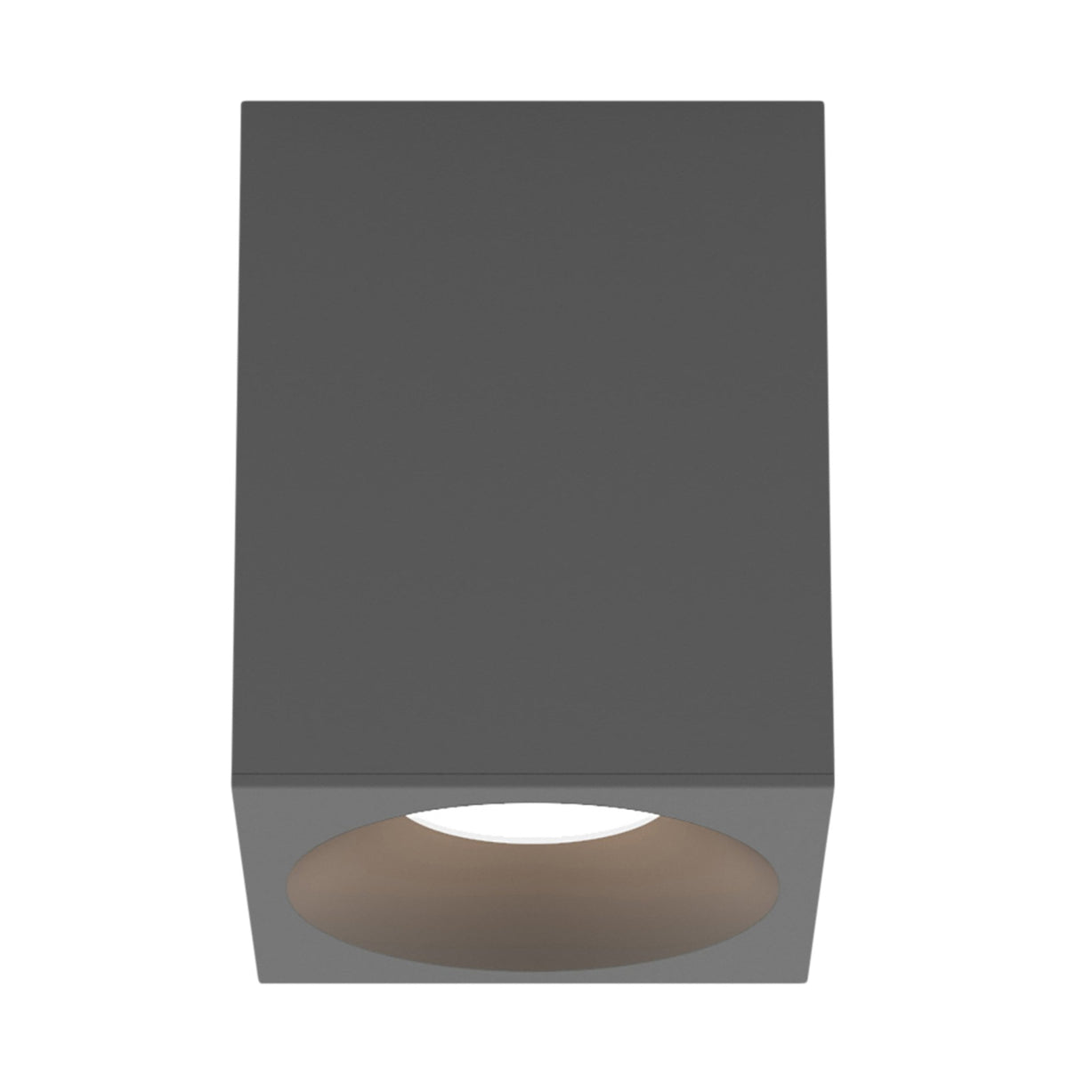 Square dark grey ceiling light with a circular opening at the bottom, emitting a warm glow