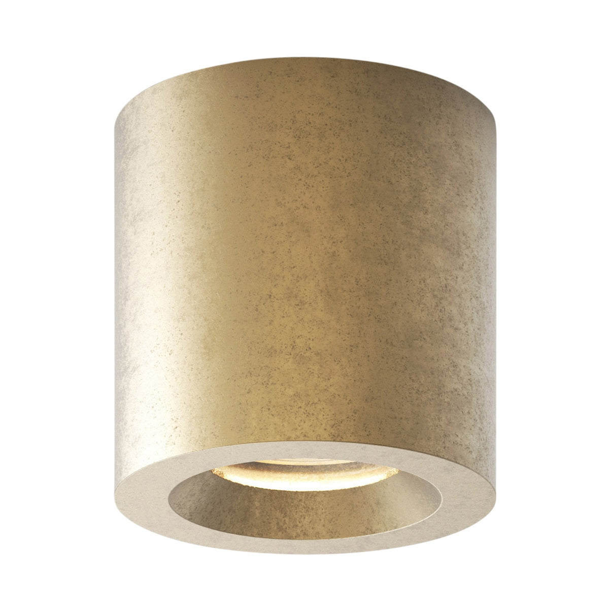 Cylindrical ceiling light in a distressed gold finish with a recessed light source