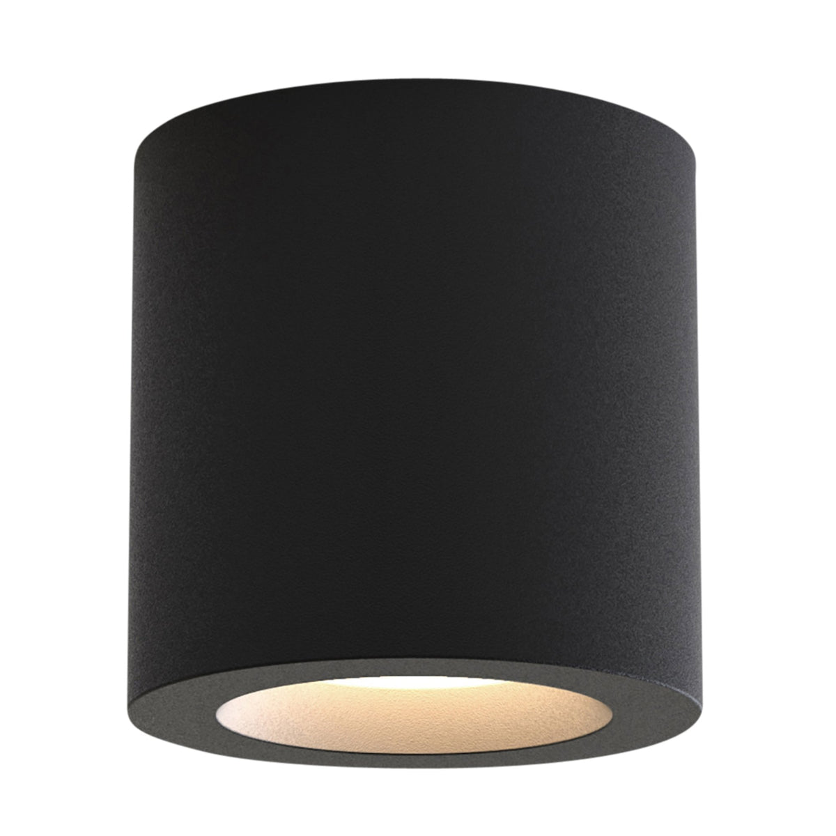 Black cylindrical ceiling light with a warm white glow from the recessed bulb