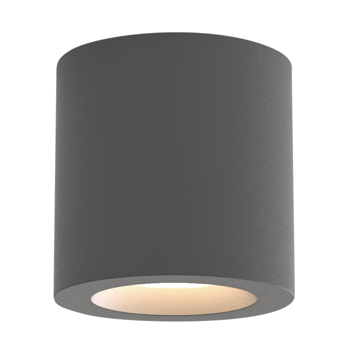 Dark grey cylindrical ceiling light with a warm white glow from the recessed bulb