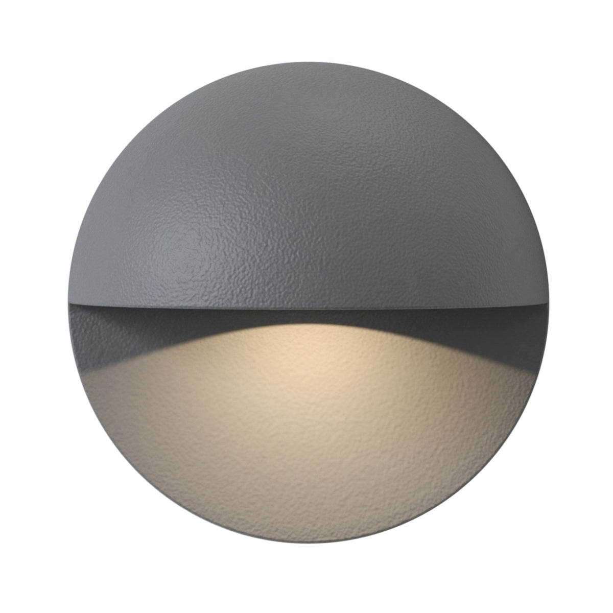 Round grey outdoor light fixture with a textured finish, emitting a warm downward glow