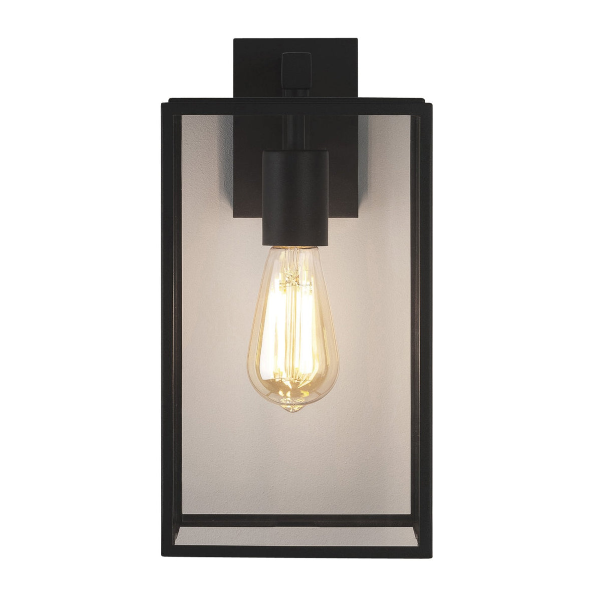 Black rectangular outdoor wall light with clear glass panels and an exposed Edison bulb
