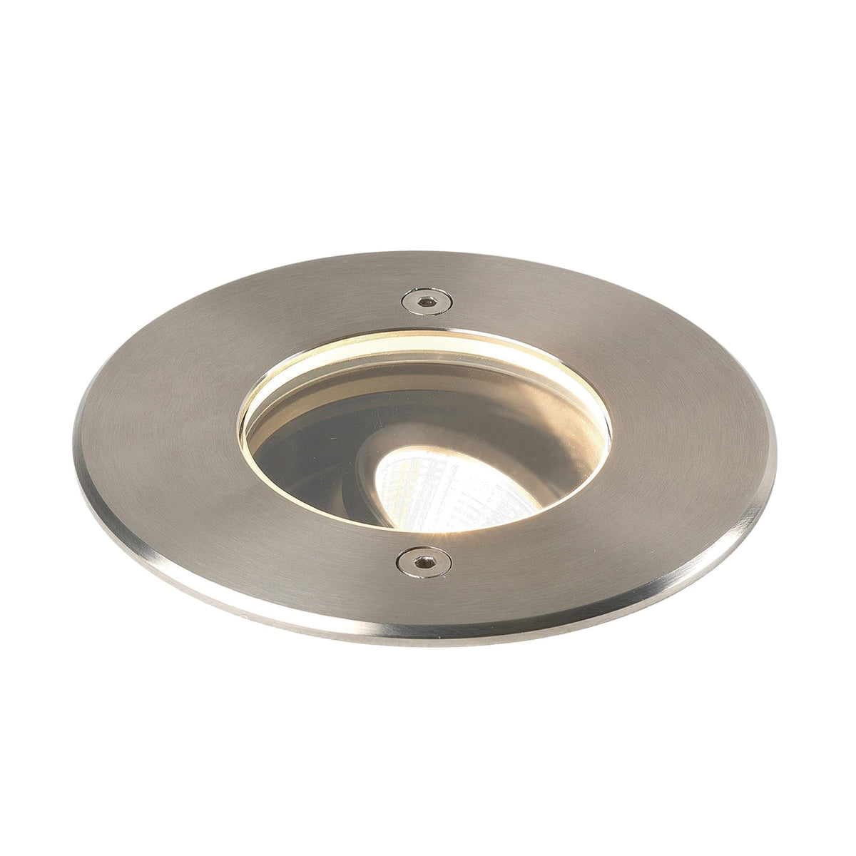 Round brushed metal recessed light fixture with a clear glass lens and visible bulb