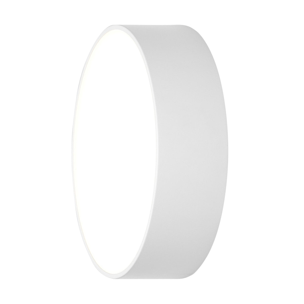 A white, round flush mount ceiling light glows brightly against a pure white background.