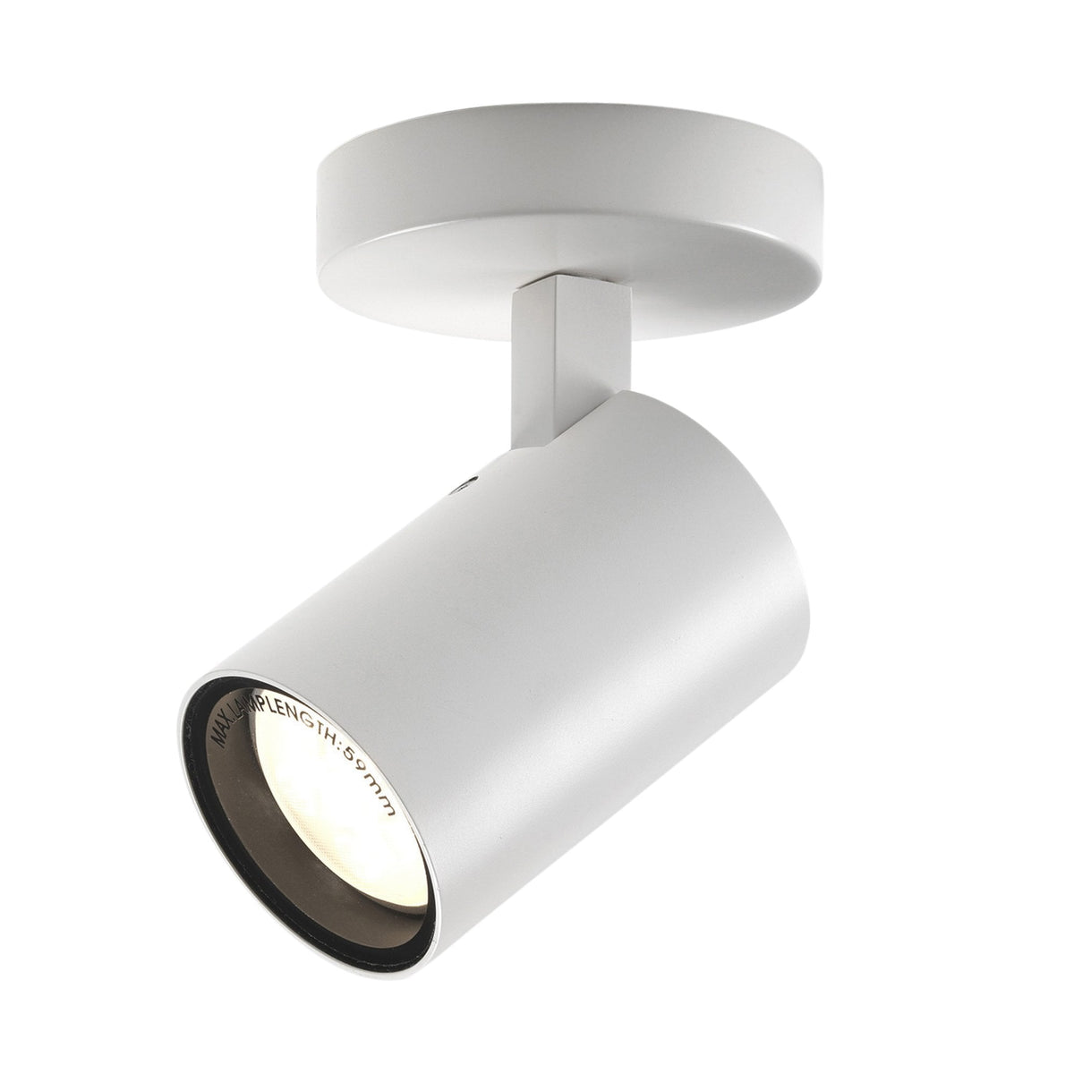 White cylindrical ceiling spotlight with a black inner rim and a warm light glowing from within