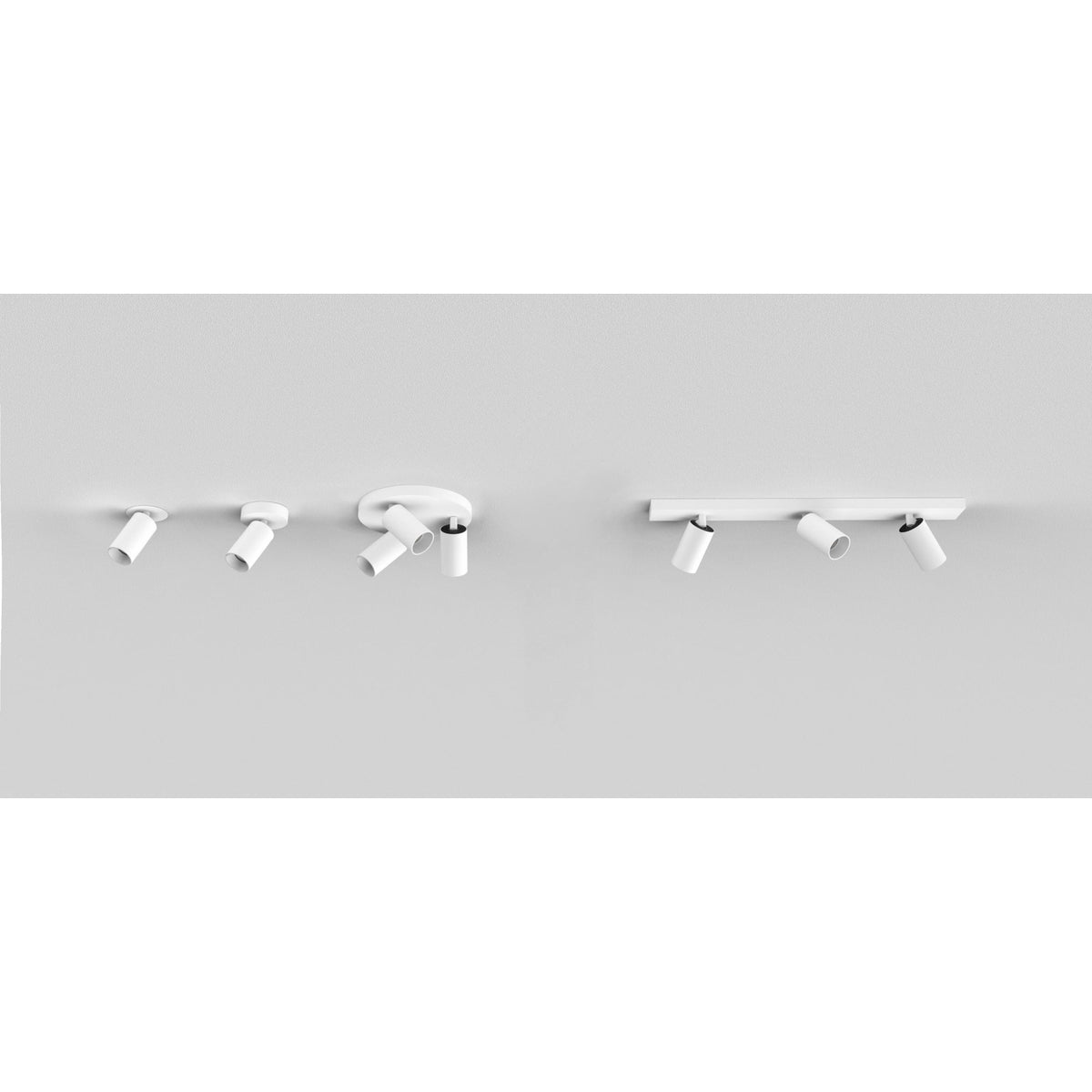 Three different white ceiling light fixtures with multiple adjustable spotlights