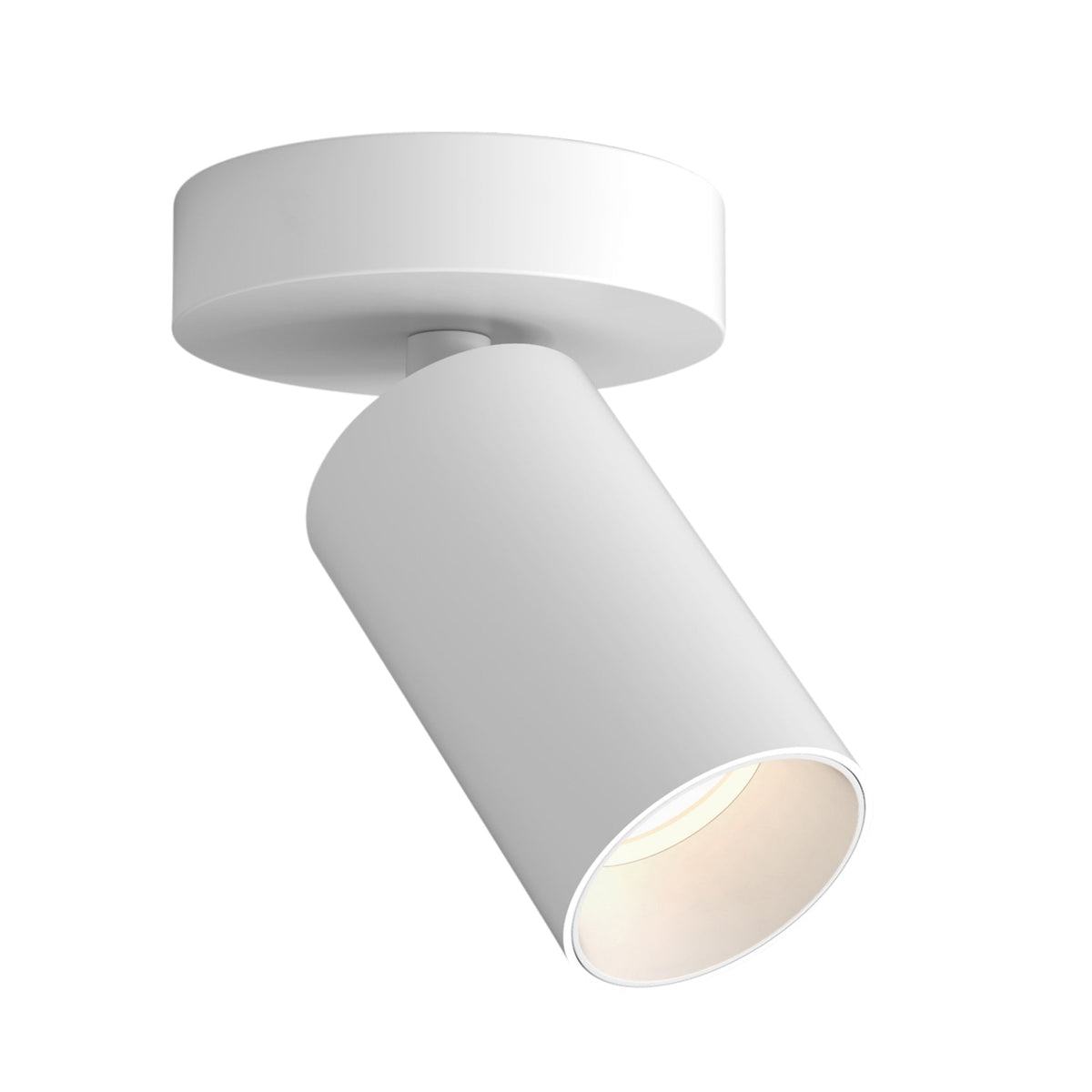 White cylindrical ceiling spotlight with a round base
