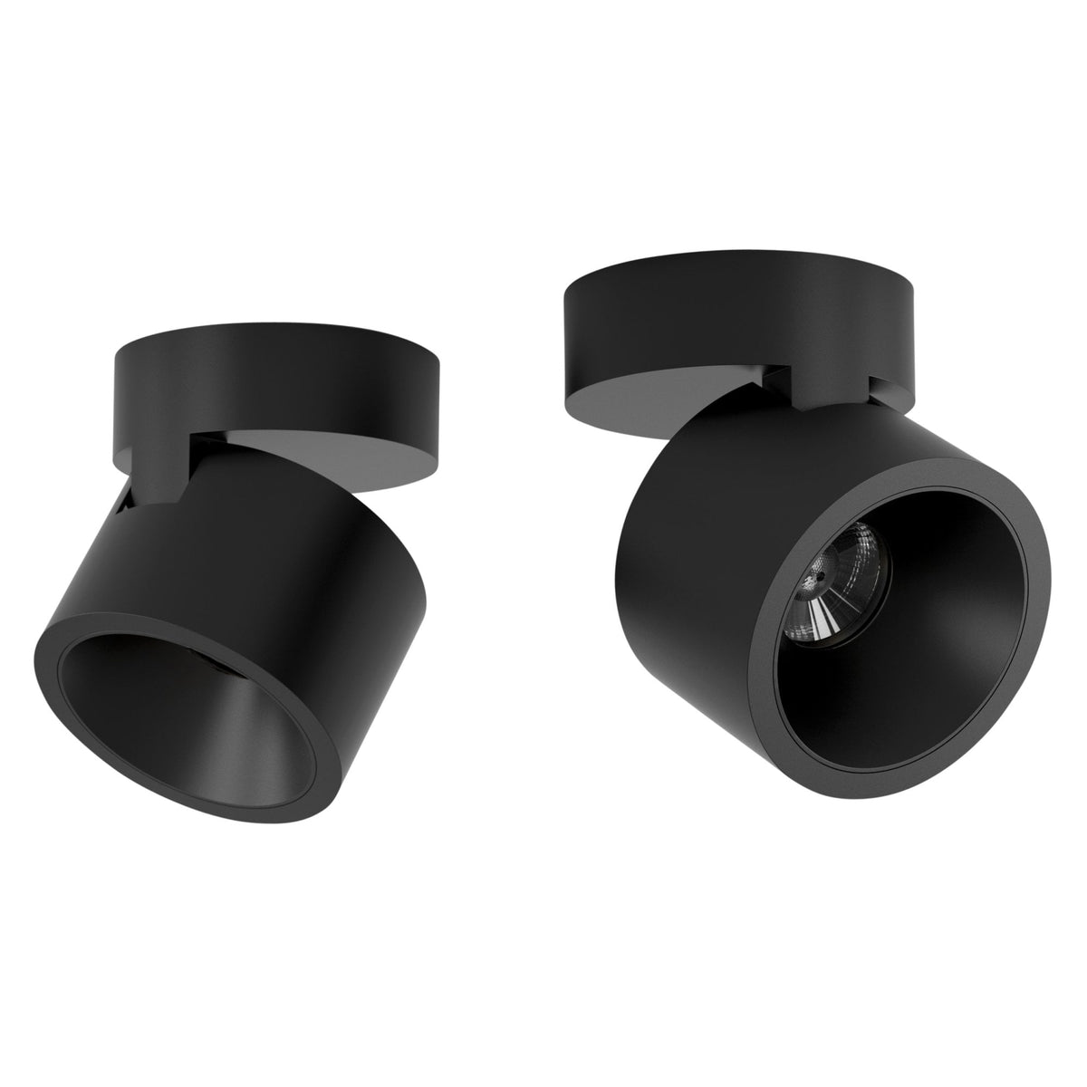 Two black cylindrical ceiling spotlights, one angled left and one angled right, on a white background