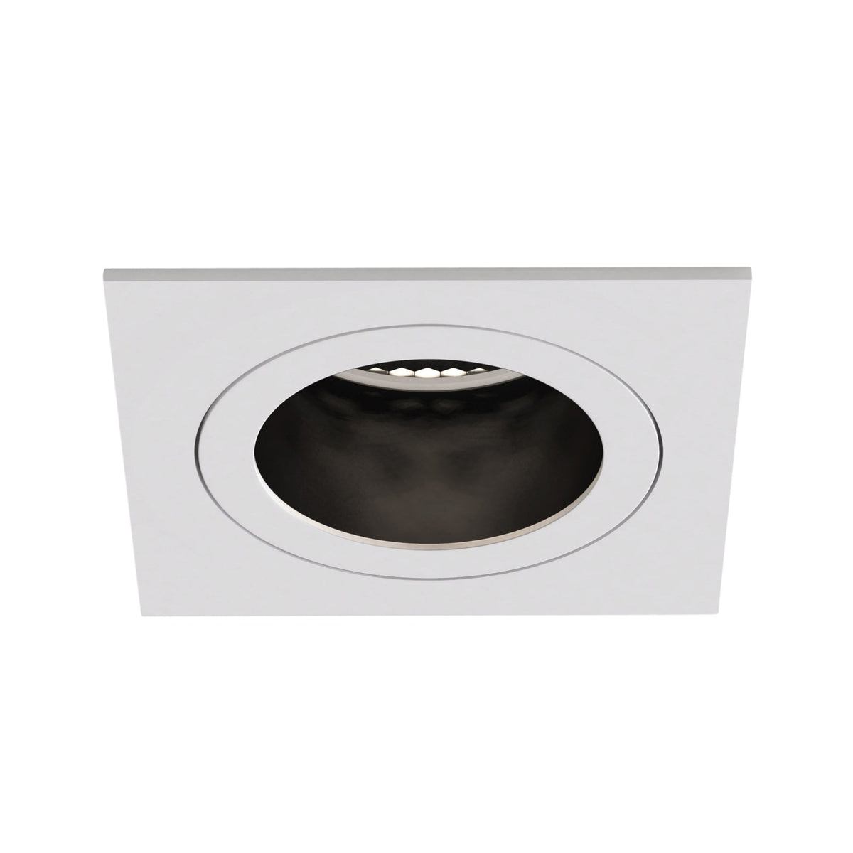 Square white recessed light fixture with a round black interior and small white lights