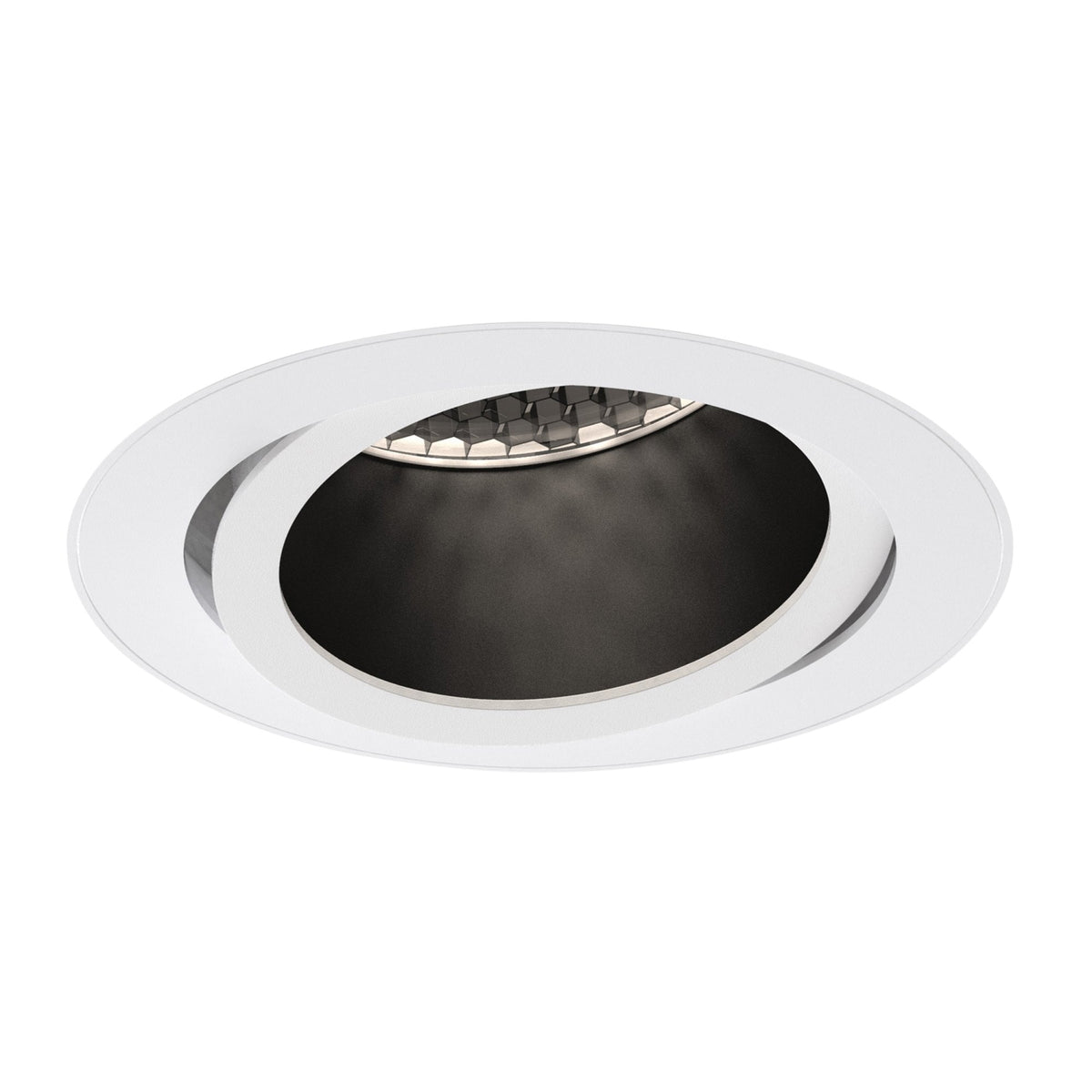 White oval recessed light fixture with a black interior and honeycomb-patterned reflector