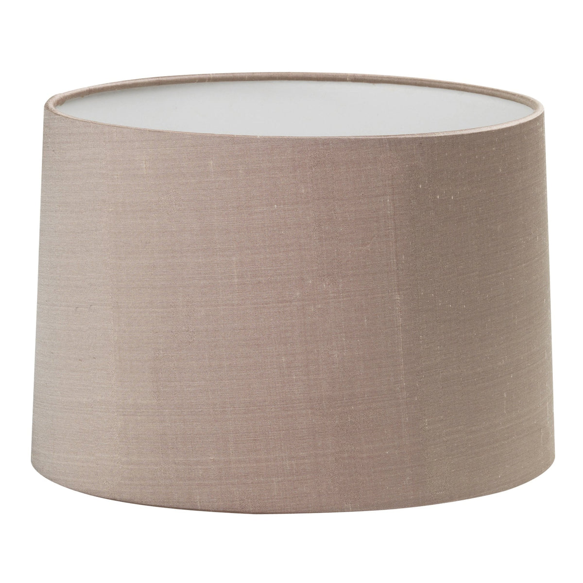 A beige fabric lampshade with a subtle texture, featuring a slightly tapered cylindrical shape.