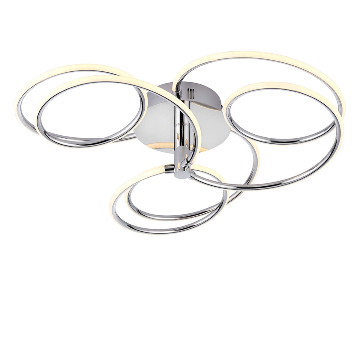 Modern chrome ceiling light with five illuminated rings against a white background.