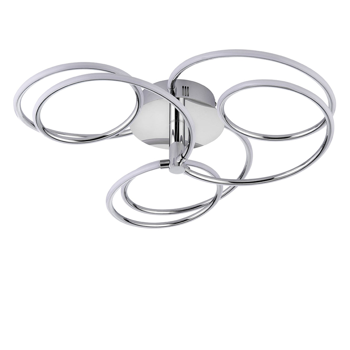 Modern chrome ceiling light with five unlit rings against a white background.