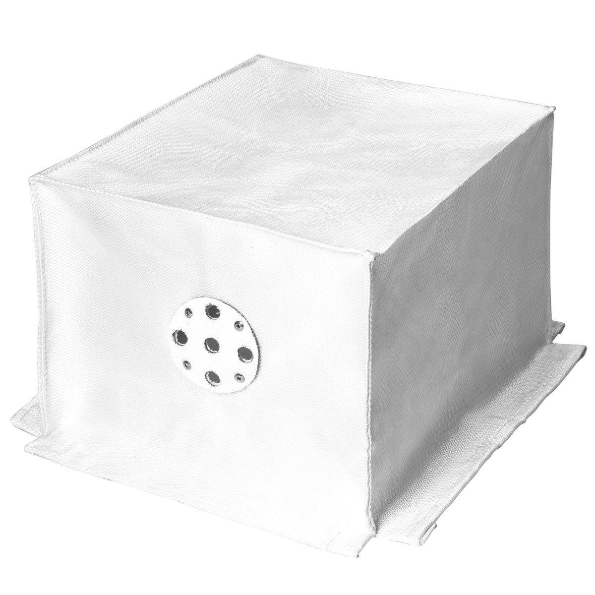 White square fabric box with a round metal plate on one side