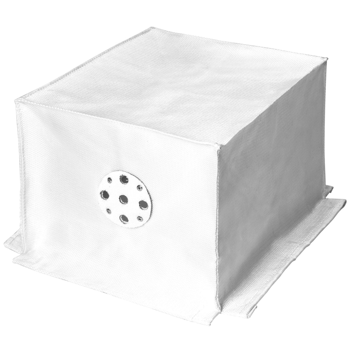 White square fabric box with a circular metal plate on one side