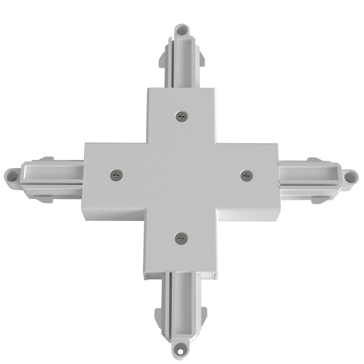 White track lighting cross connector with four screw heads visible