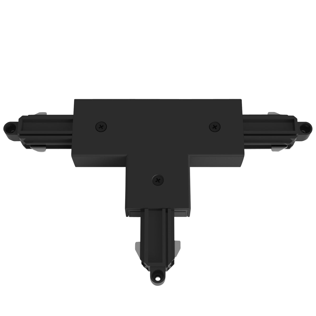 Black T-shaped track lighting connector with three screw heads visible on the top surface